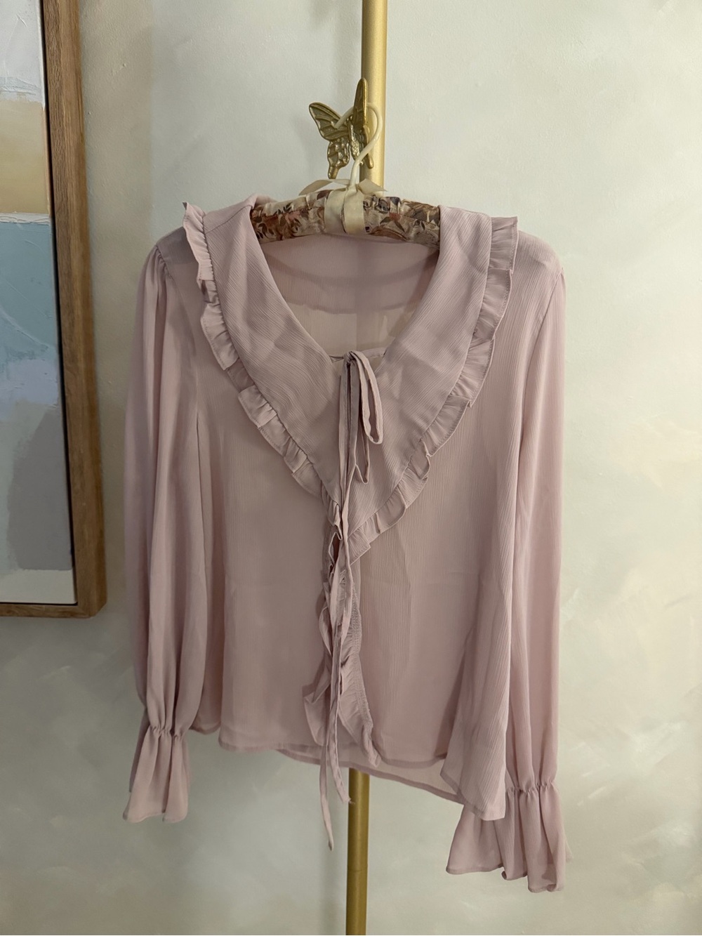 Ruffle Tie-Neck Blouse in Light Pink